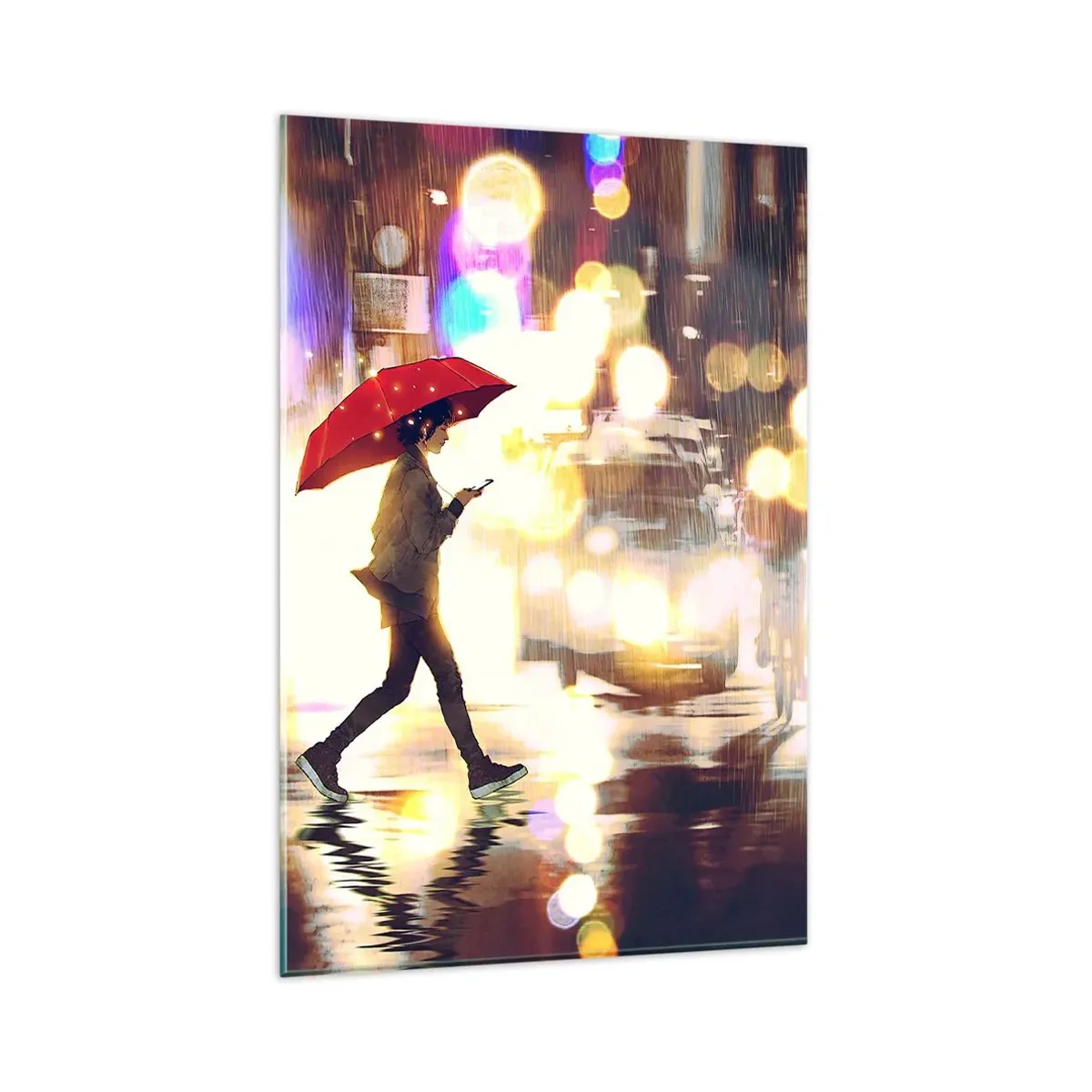 Cuadro sobre vidrio - Impresiones sobre Vidrio - Una figura con un paraguas rojo en la calle bajo la lluvia. - 80x120cm - Saldrá el sol - Decoración de pared moderna para salón y dormitorio ARTTOR