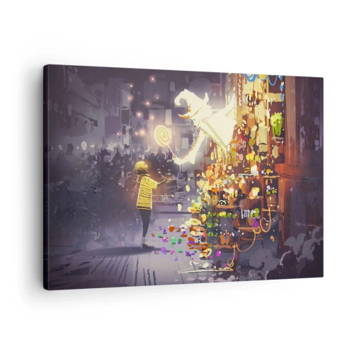 Cuadro sobre lienzo - Impresión de Imagen - Un personaje de cuento de hadas y un niño en una calle llena de luces y magia. - 70x50cm - Los hechizos existen - Decoración de pared moderna para salón y dormitorio ARTTOR