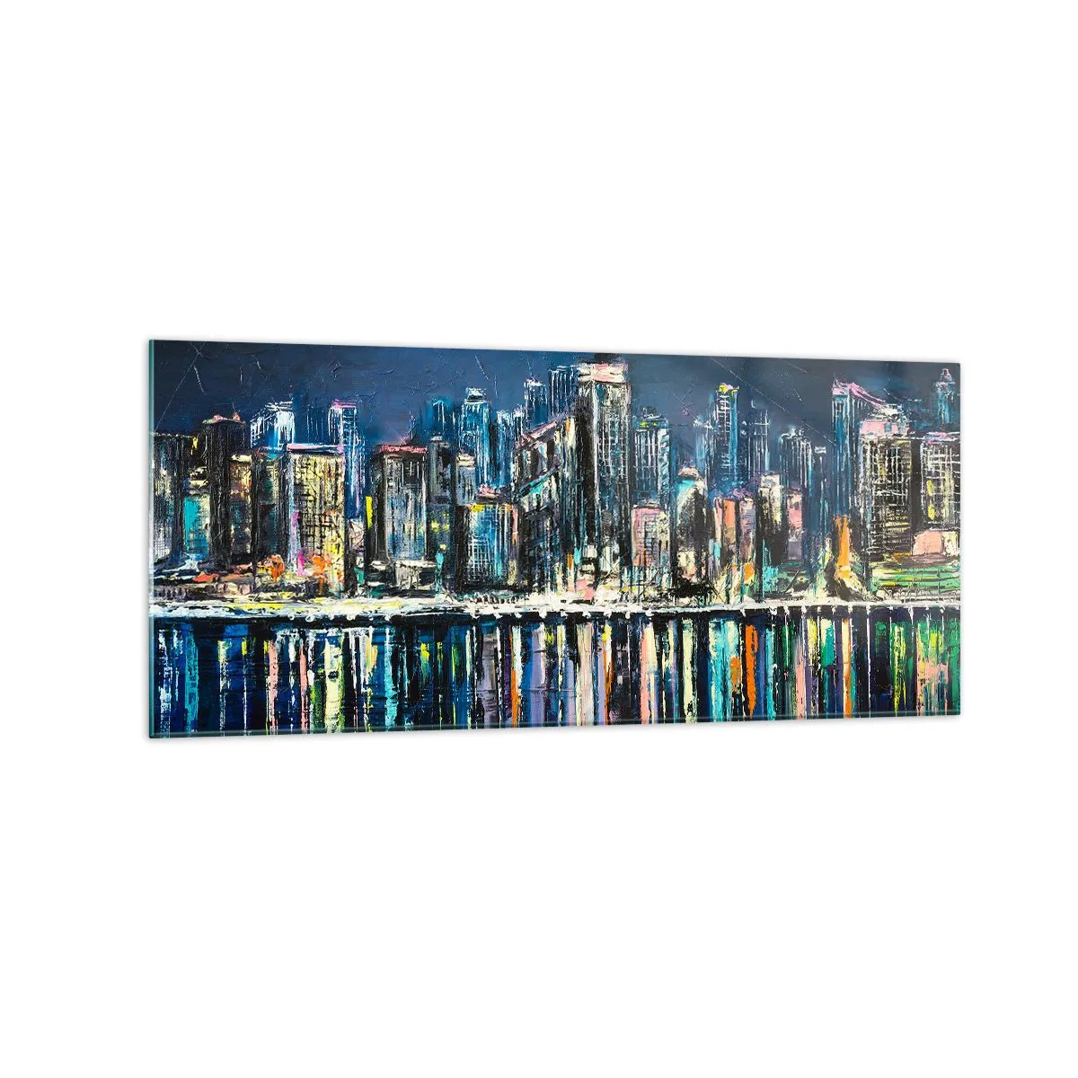 Cuadro sobre vidrio - Impresiones sobre Vidrio - Panorama de la ciudad nocturna reflejada en el agua. - 120x50cm - Una cascada de luces - Decoración de pared moderna para salón y dormitorio ARTTOR