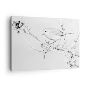 Cuadro sobre lienzo - Impresión de Imagen - Pájaro en una rama en blanco y negro con un estilo minimalista. - 70x50cm - Mañana de invierno - Decoración de pared moderna para salón y dormitorio ARTTOR