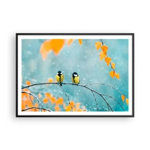 Póster en marco negro - Dos pájaros en una rama en un entorno invernal con hojas amarillas. - 100x70cm - Cotilleo de pájaros - Decoración de pared moderna para salón y dormitorio ARTTOR