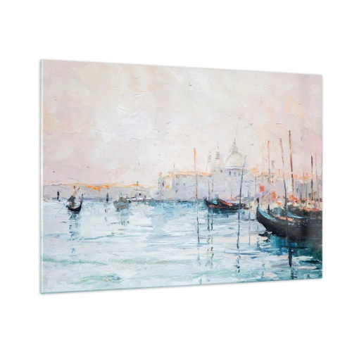 Cuadro sobre vidrio - Impresiones sobre Vidrio - Paisaje impresionista con barcos y edificios. - 100x70cm - Más allá del agua, más allá de la niebla - Decoración de pared moderna para salón y dormitorio ARTTOR