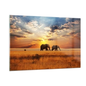 Cuadro sobre vidrio - Impresiones sobre Vidrio - Elefantes en la sabana africana al atardecer - 120x80cm - Un paseo en familia - Decoración de pared moderna para salón y dormitorio ARTTOR