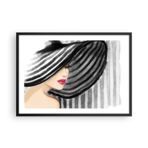 Póster en marco negro - Mujer con un sombrero blanco y negro con acento rojo. - 70x50cm - ¿Dónde puedo encontrarte? - Decoración de pared moderna para salón y dormitorio ARTTOR