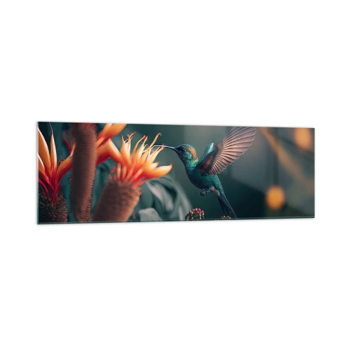 Cuadro sobre vidrio - Impresiones sobre Vidrio - Un colibrí colorido junto a las flores contra un fondo natural. - 160x50cm - Una vida verdaderamente colorida - Decoración de pared moderna para salón y dormitorio ARTTOR