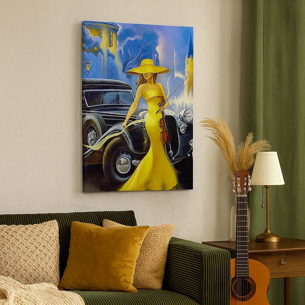Cuadro sobre lienzo - Impresión de Imagen - Una mujer con un vestido amarillo con un violín junto a un coche retro. - 50x70cm - Noche de violín y pasión - Decoración de pared moderna para salón y dormitorio ARTTOR