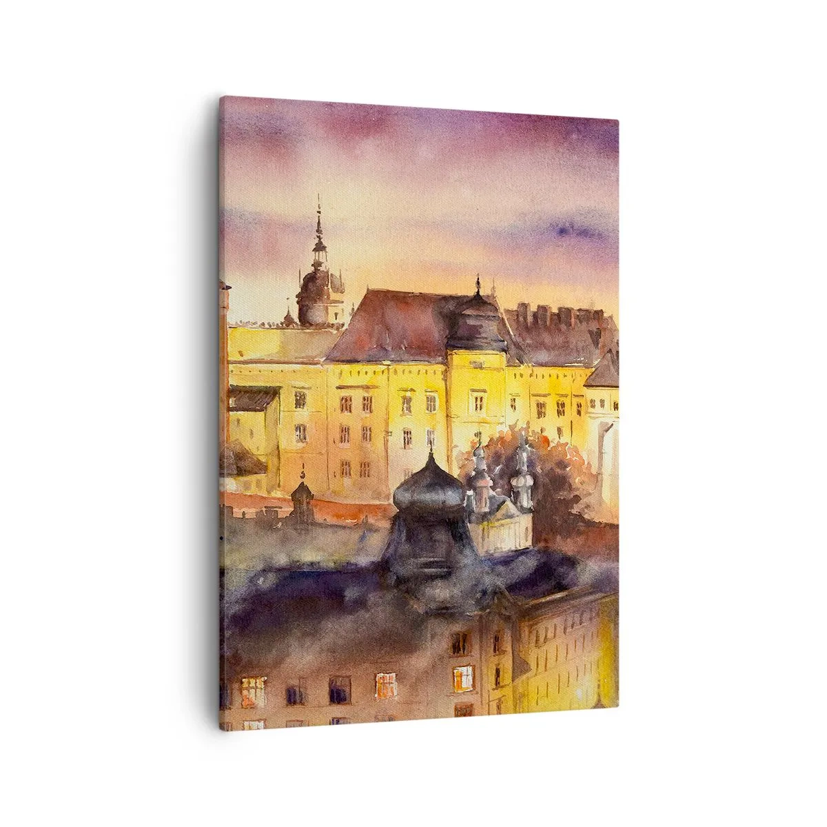 Cuadro sobre lienzo - Impresión de Imagen - Una pintoresca pintura de acuarela de un castillo al atardecer. - 50x70cm - Una historia y un cuento - Decoración de pared moderna para salón y dormitorio ARTTOR