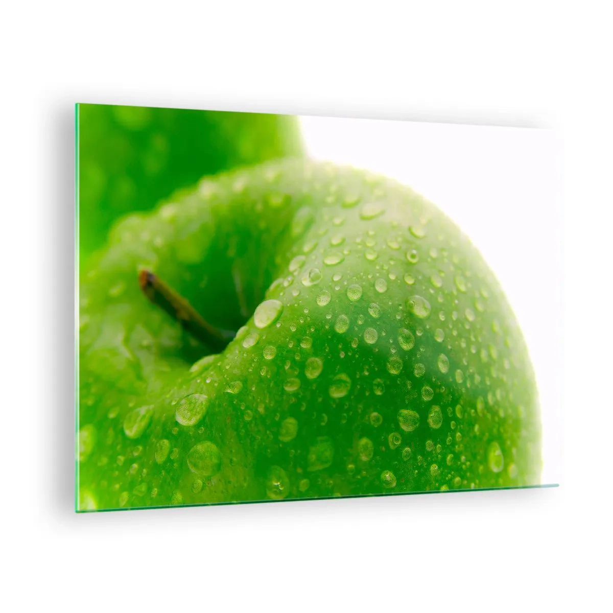 Cuadro sobre vidrio - Impresiones sobre Vidrio - Una manzana verde cubierta de gotas de agua. - 70x50cm - Frescor verde - Decoración de pared moderna para salón y dormitorio ARTTOR