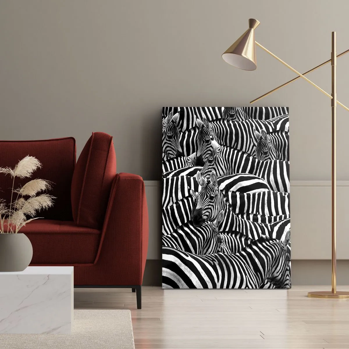 Cuadro sobre lienzo - Impresión de Imagen - Un grupo de cebras con rayas blancas y negras que crean un patrón de simetría. - 50x70cm - Retrato a rayas - Decoración de pared moderna para salón y dormitorio ARTTOR
