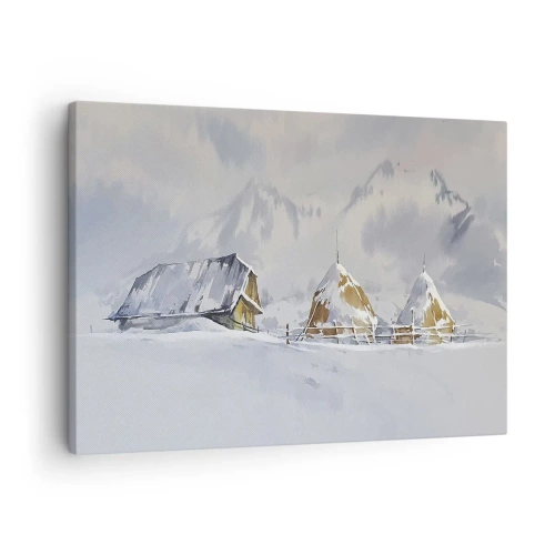 Cuadro sobre lienzo - Impresión de Imagen - Paisaje invernal con una cabaña y pajares en las montañas - 70x50cm - En un valle nevado - Decoración de pared moderna para salón y dormitorio ARTTOR