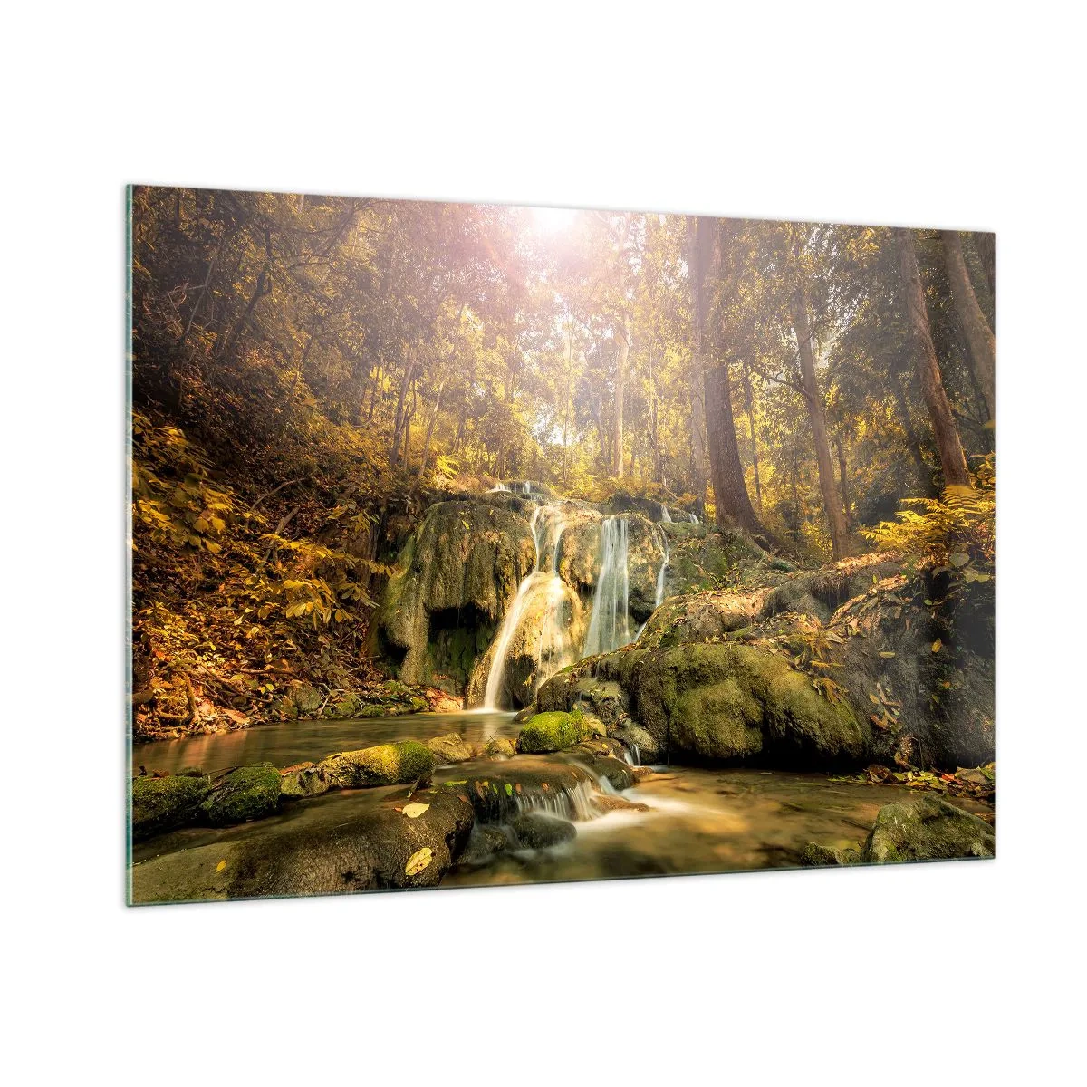 Cuadro sobre vidrio - Impresiones sobre Vidrio - Cascada forestal en la vegetación - 100x70cm - Cascada forestal en verde - Decoración de pared moderna para salón y dormitorio ARTTOR