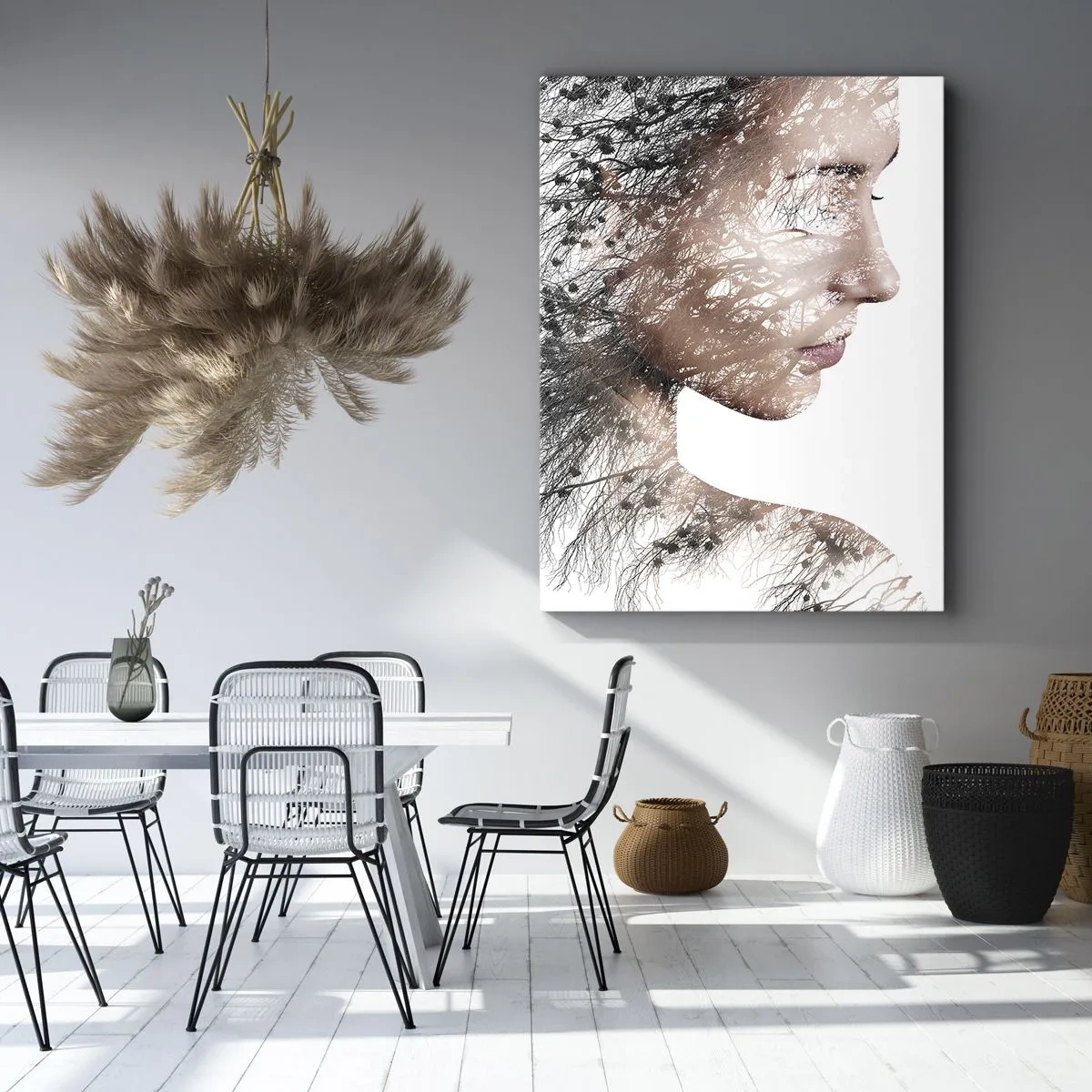 Cuadro sobre lienzo - Impresión de Imagen - Silueta de una mujer con una rama y un motivo de pájaro en el fondo. - 50x70cm - Espíritu del bosque - Decoración de pared moderna para salón y dormitorio ARTTOR