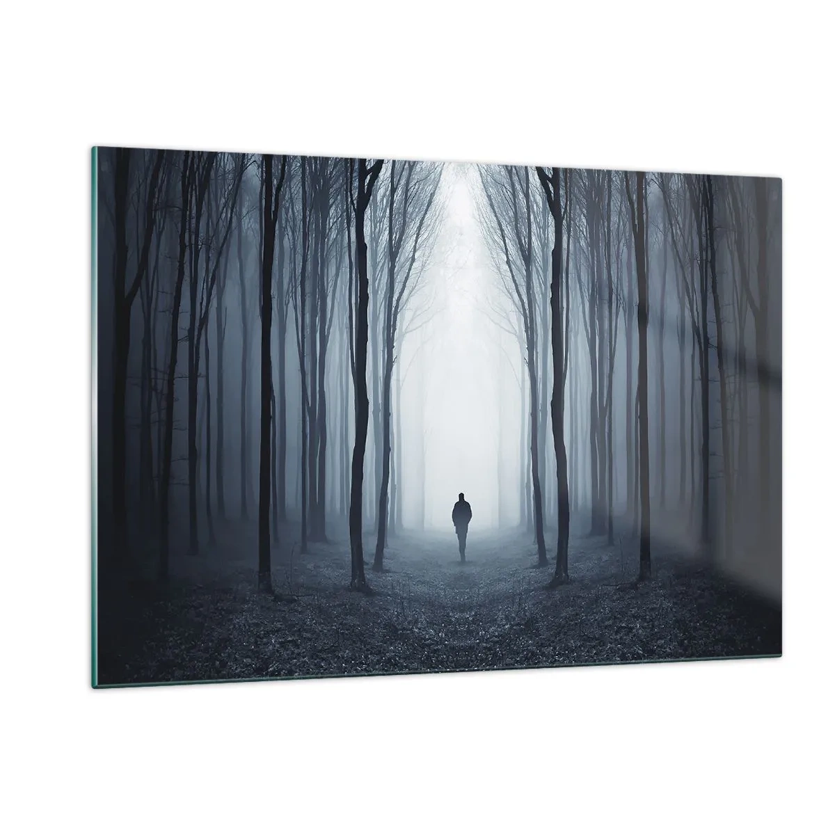 Cuadro sobre vidrio - Impresiones sobre Vidrio - Una figura en un bosque oscuro con niebla al fondo. - 120x80cm - Alto y claro - Decoración de pared moderna para salón y dormitorio ARTTOR