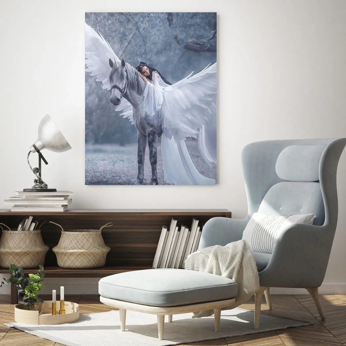 Cuadro sobre vidrio - Impresiones sobre Vidrio - Una mujer en un caballo blanco con alas en un bosque mágico. - 80x120cm - Un momento de inspiración - Decoración de pared moderna para salón y dormitorio ARTTOR
