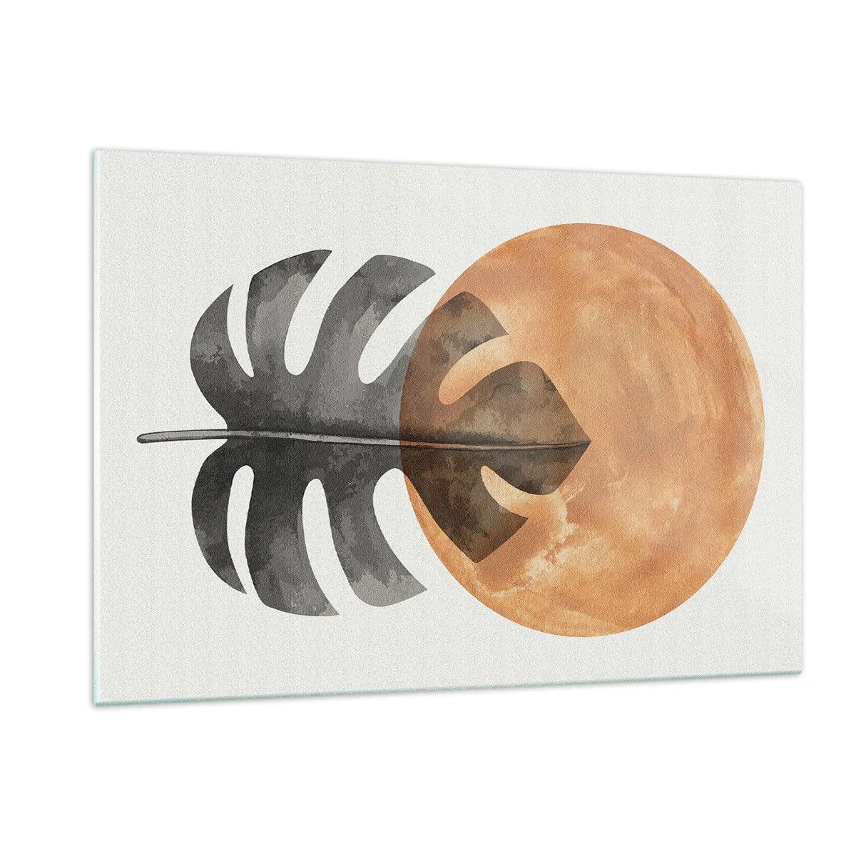 Cuadro sobre vidrio - Impresiones sobre Vidrio - Hoja de monstera y círculo naranja en estilo gráfico sobre fondo blanco. - 120x80cm - Siempre el sol - Decoración de pared moderna para salón y dormitorio ARTTOR