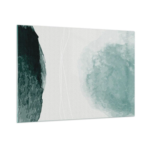 Cuadro sobre vidrio - Impresiones sobre Vidrio - Formas abstractas verdes sobre un fondo claro que se asemejan a la niebla. - 100x70cm - Un encuentro con la niebla - Decoración de pared moderna para salón y dormitorio ARTTOR