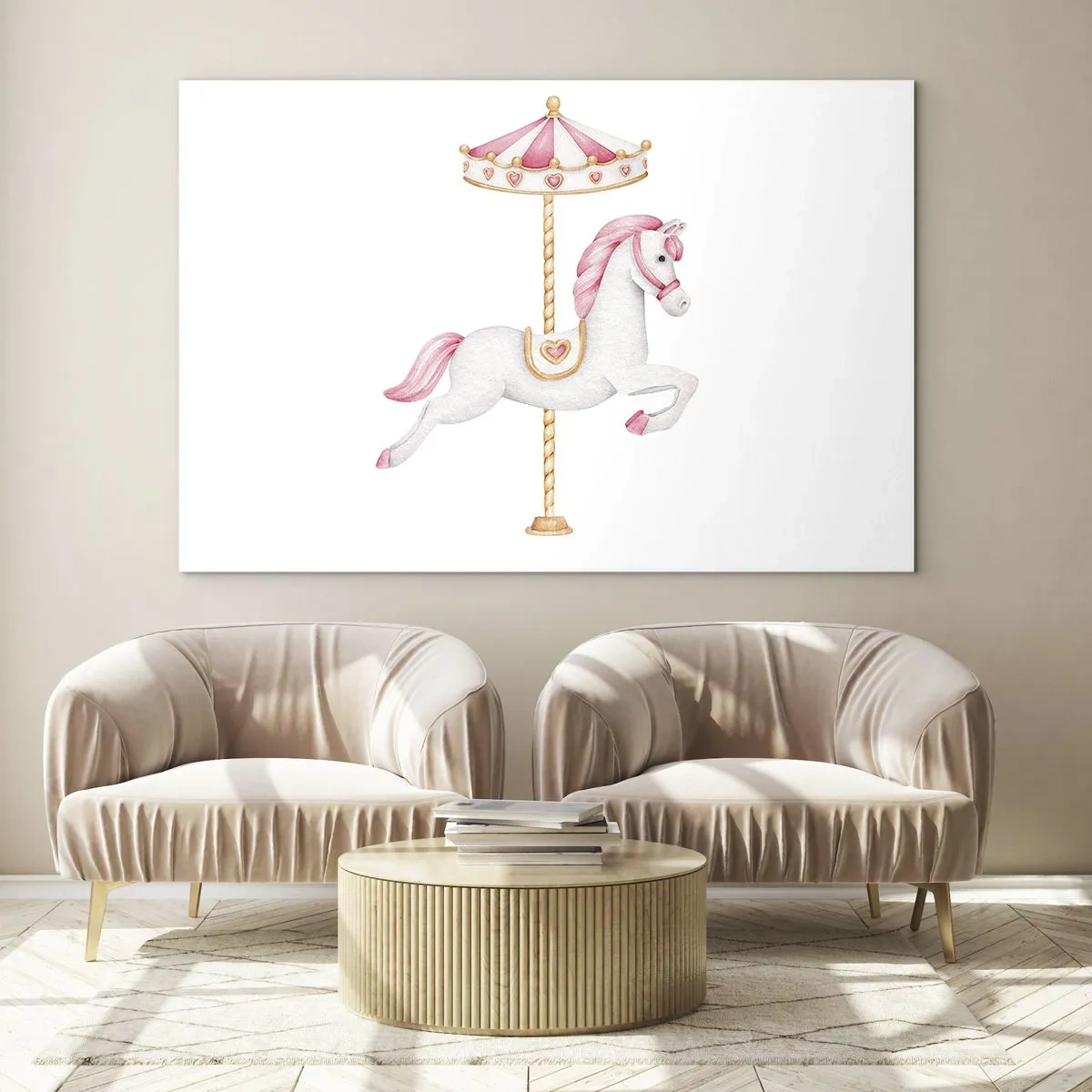 Cuadro sobre vidrio - Impresiones sobre Vidrio - Caballo de carrusel rosa y blanco sobre un fondo blanco - 120x80cm - Partió al galope - Decoración de pared moderna para salón y dormitorio ARTTOR