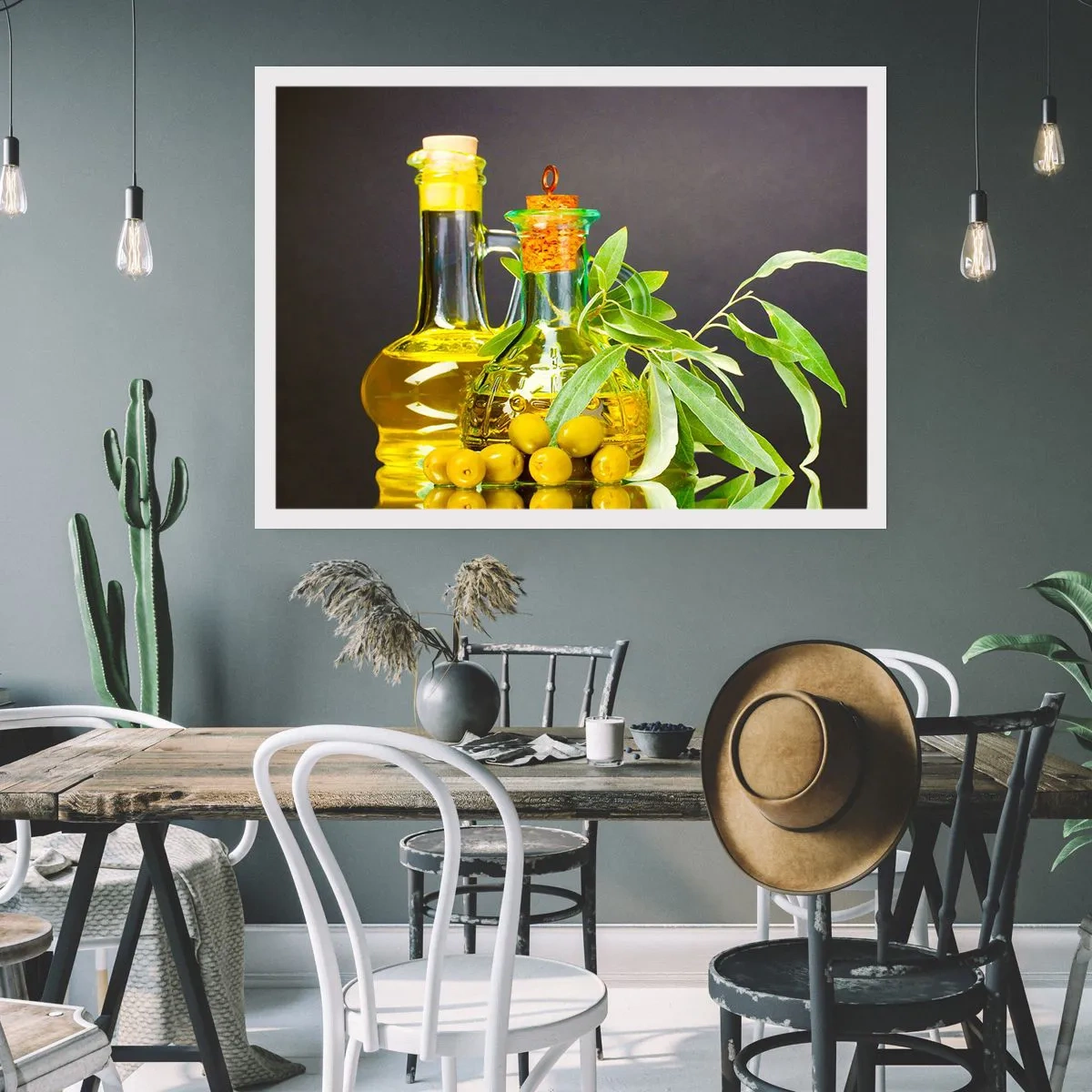 Póster - Botellas de aceite de oliva y ramas de olivo - 100x70cm - Bodegón con aceitunas y aceite - Decoración de pared moderna para salón y dormitorio ARTTOR