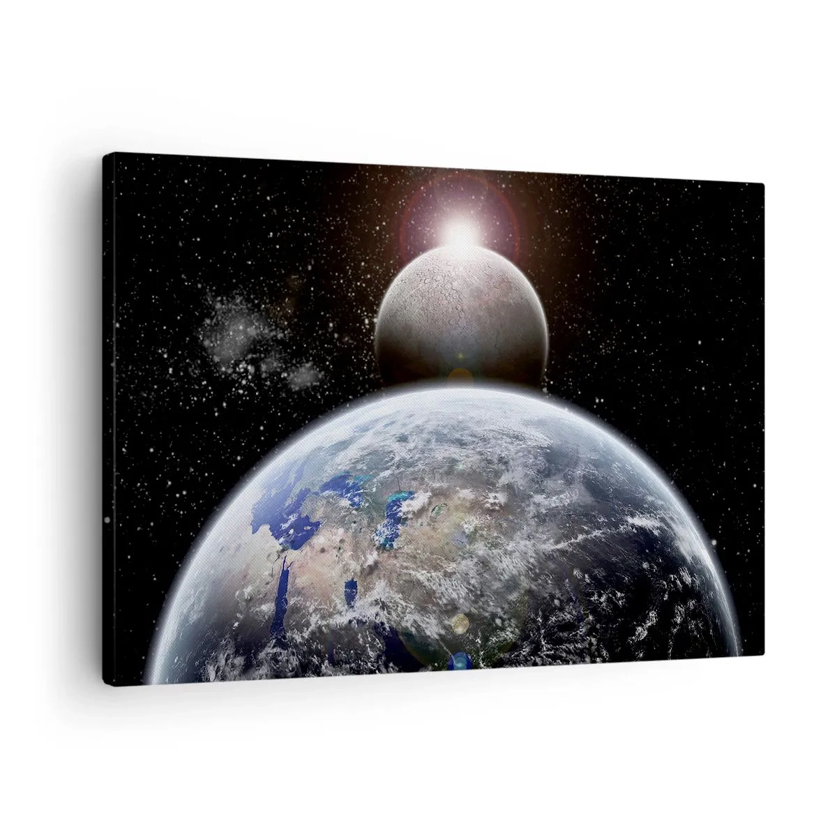 Cuadro sobre lienzo - Impresión de Imagen - El planeta Tierra y la Luna con el espacio exterior estrellado como telón de fondo. - 70x50cm - Paisaje cósmico - amanecer - Decoración de pared moderna para salón y dormitorio ARTTOR