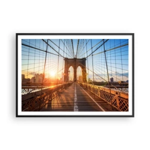 Póster en marco negro - El puente a la luz del sol poniente con vistas a la ciudad. - 100x70cm - En el puente dorado - Decoración de pared moderna para salón y dormitorio ARTTOR