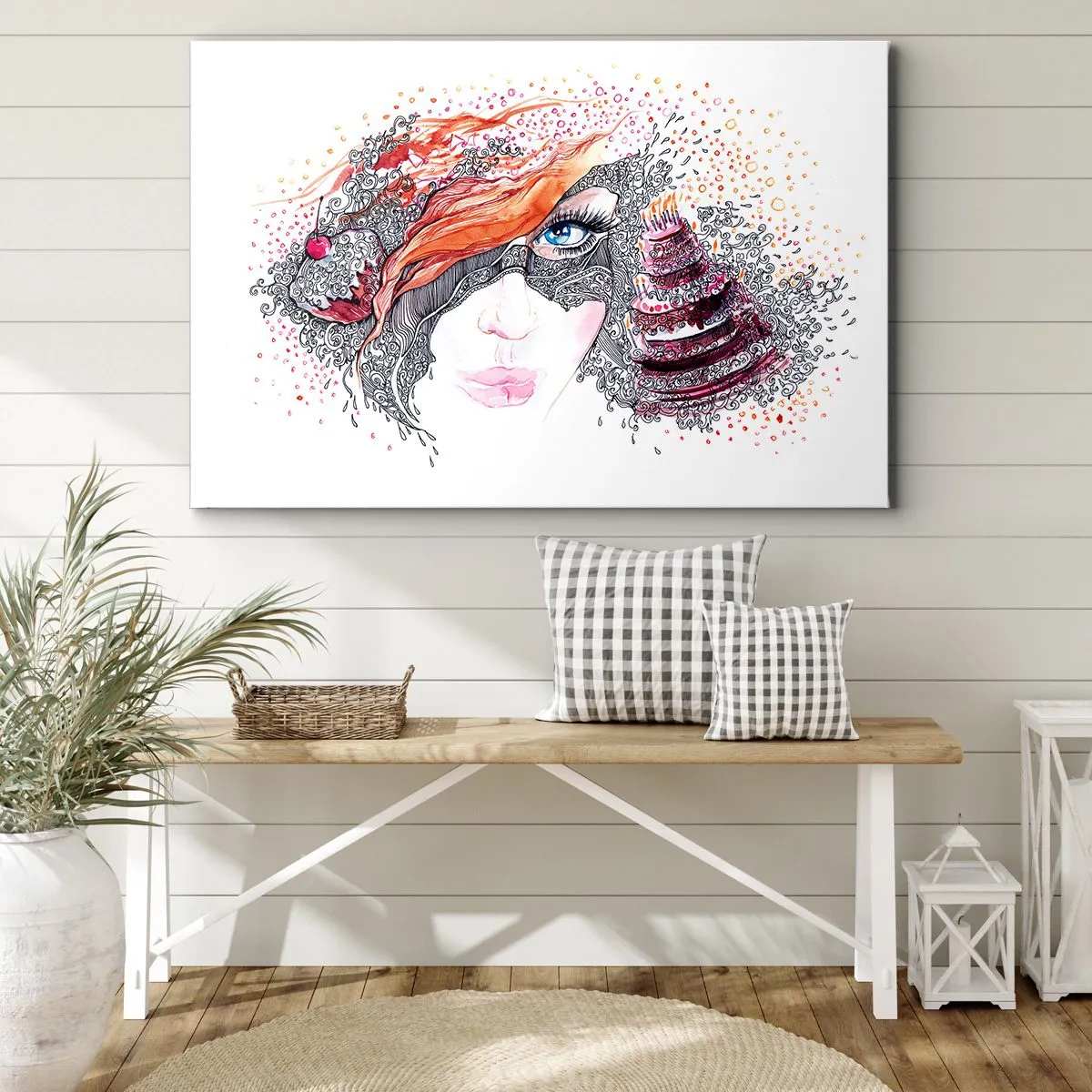 Cuadro sobre lienzo - Impresión de Imagen - Retrato artístico de una mujer con detalles y acento rojo. - 70x50cm - Con ella cada día es una fiesta - Decoración de pared moderna para salón y dormitorio ARTTOR