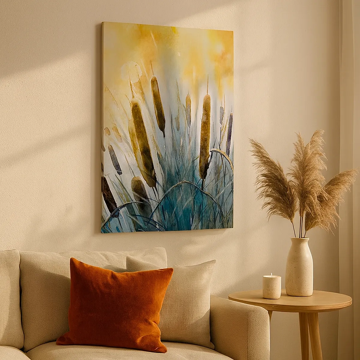 Cuadro sobre lienzo - Impresión de Imagen - Cañas pintorescas bajo los rayos del sol - 50x70cm - El frío del agua, el calor del sol - Decoración de pared moderna para salón y dormitorio ARTTOR