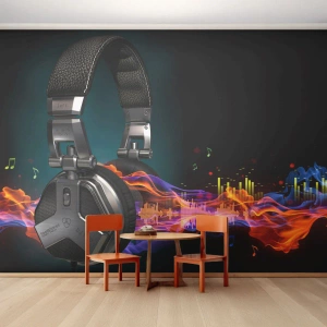 Fotomural Premium Sand - Auriculares de DJ con visualización de sonido y llamas. - 100x70cm - En el fuego de la música - Decoración de pared moderna para salón y dormitorio ARTTOR