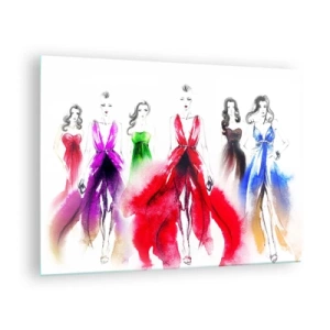 Cuadro sobre vidrio - Impresiones sobre Vidrio - Boceto de mujeres con vestidos de noche coloridos. - 70x50cm - Momento elegante - Decoración de pared moderna para salón y dormitorio ARTTOR
