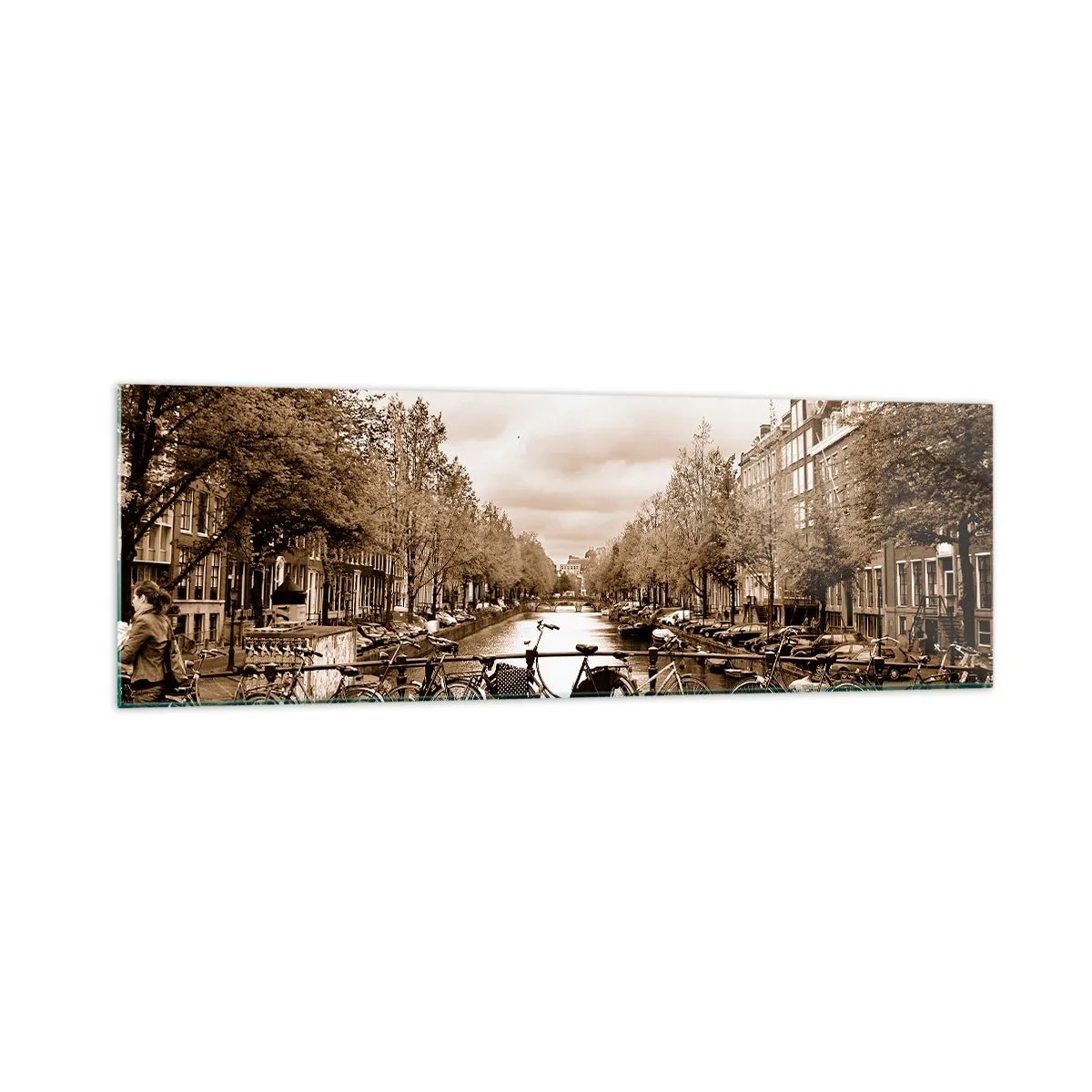 Cuadro sobre vidrio - Impresiones sobre Vidrio - Puente para bicicletas sobre el canal en sepia - 160x50cm - Holanda solo hay una - Decoración de pared moderna para salón y dormitorio ARTTOR