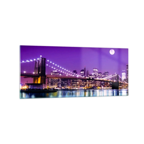 Cuadro sobre vidrio - Impresiones sobre Vidrio - Puente de Brooklyn de noche con la ciudad iluminada y luna llena - 120x50cm - Las luces de una gran ciudad en púrpura - Decoración de pared moderna para salón y dormitorio ARTTOR