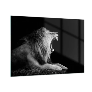 Cuadro sobre vidrio - Impresiones sobre Vidrio - Retrato en blanco y negro de un león rugiendo contra una sombra. - 100x70cm - Sin duda alguna - Decoración de pared moderna para salón y dormitorio ARTTOR