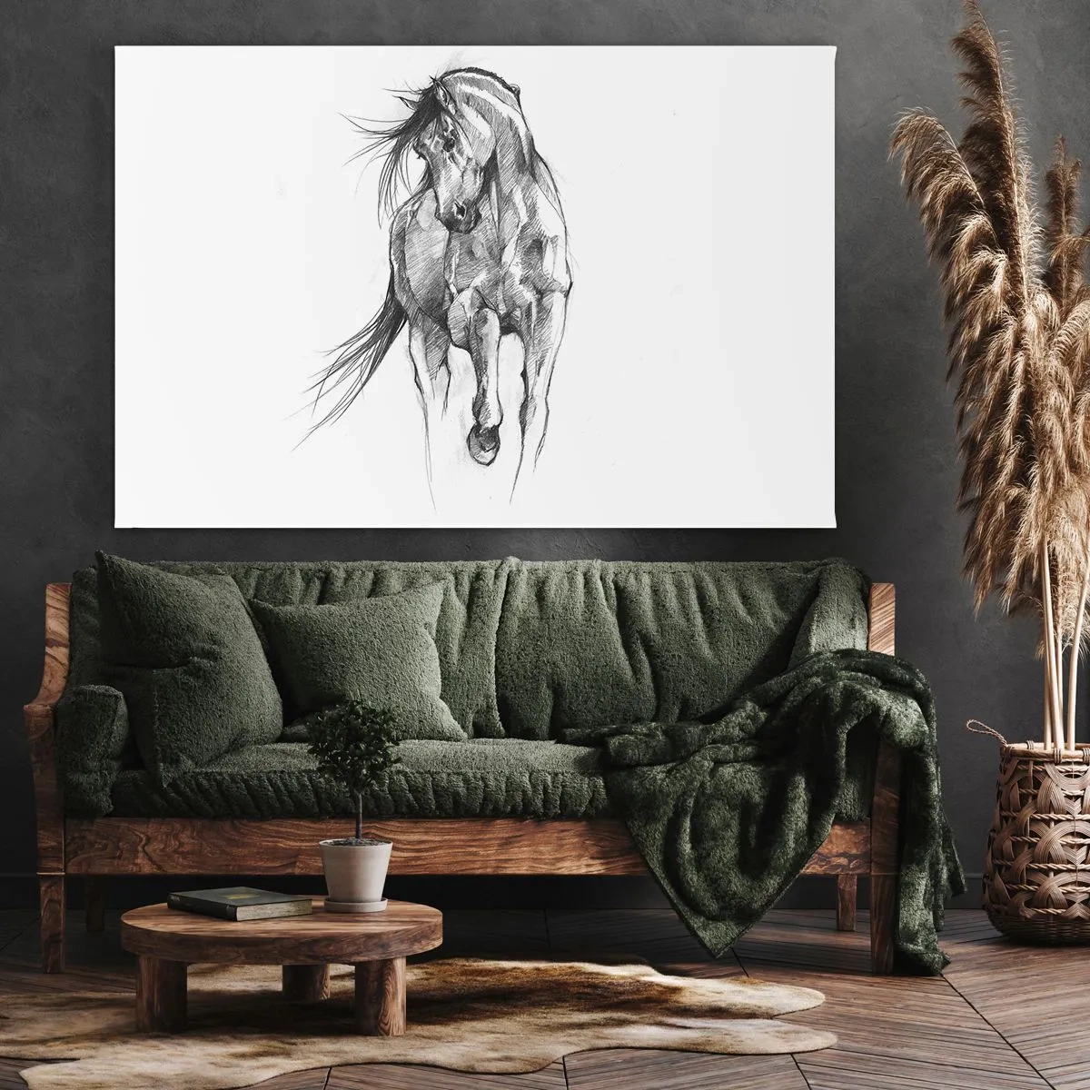 Cuadro sobre lienzo - Impresión de Imagen - Boceto en blanco y negro de un caballo al galope - 70x50cm - En un elegante trote - Decoración de pared moderna para salón y dormitorio ARTTOR