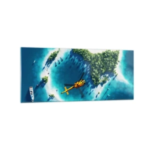 Cuadro sobre vidrio - Impresiones sobre Vidrio - Una isla tropical rodeada de agua turquesa con un helicóptero a la vista. - 120x50cm - Cómprate una isla - Decoración de pared moderna para salón y dormitorio ARTTOR