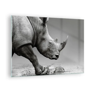 Cuadro sobre vidrio - Impresiones sobre Vidrio - Un rinoceronte en movimiento sobre un fondo gris. - 70x50cm - Fuerza imparable - Decoración de pared moderna para salón y dormitorio ARTTOR