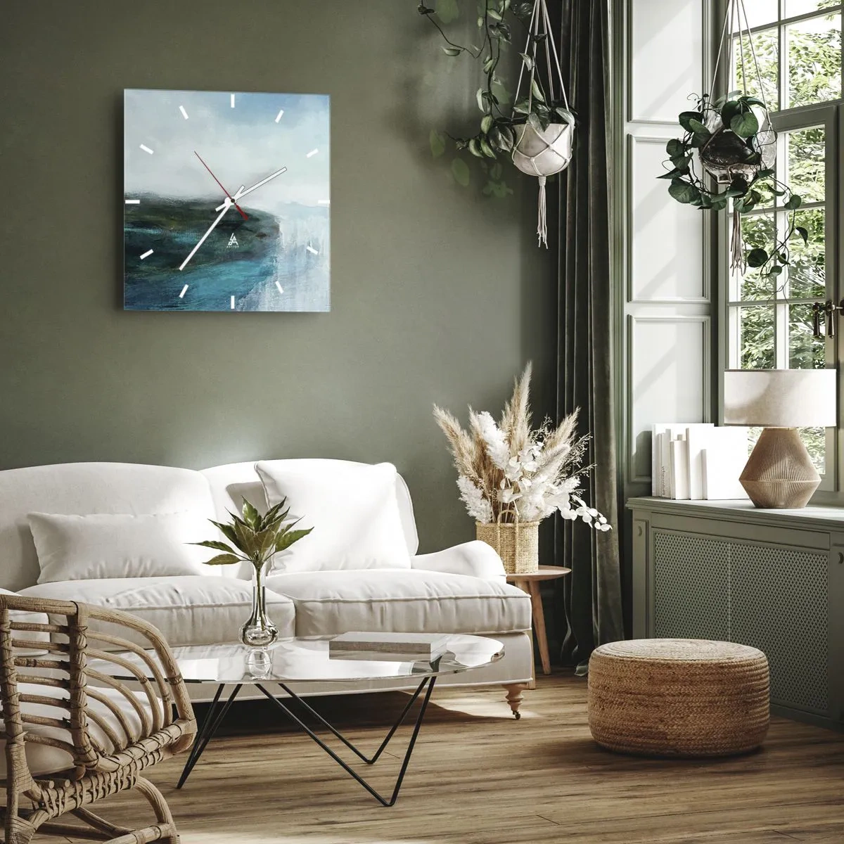 Reloj de pared - Reloj de vidrio - Paisaje abstracto en tonos turquesa y gris. - 30x30cm - Abstracción marina - Decoración de pared moderna para salón y dormitorio ARTTOR
