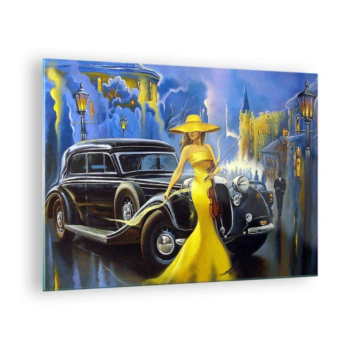 Cuadro sobre vidrio - Impresiones sobre Vidrio - Una mujer con un vestido amarillo junto a un coche clásico. - 70x50cm - Noche de violín y pasión - Decoración de pared moderna para salón y dormitorio ARTTOR