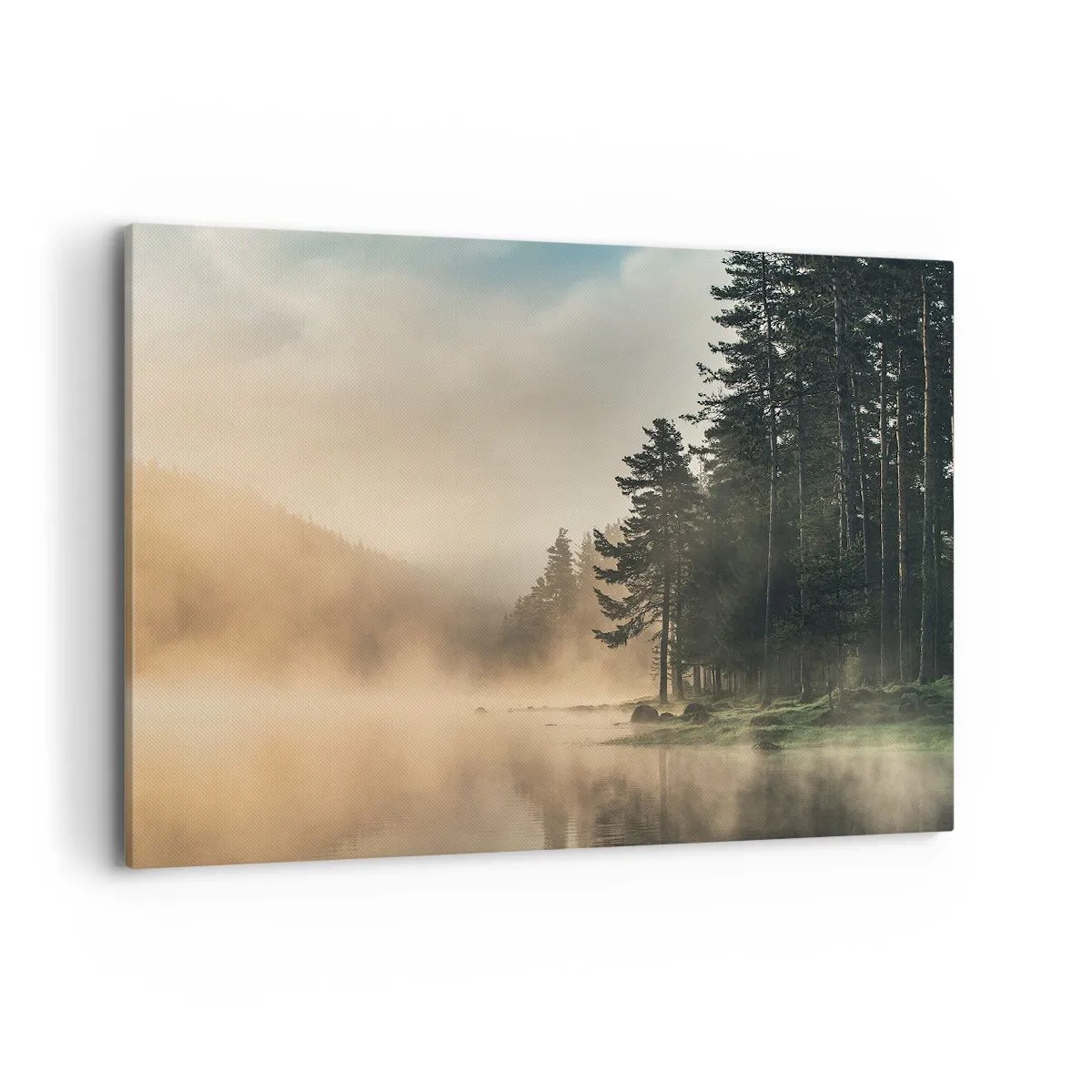 Cuadro sobre lienzo - Impresión de Imagen - Un bosque brumoso sobre un lago tranquilo. - 100x70cm - El nacimiento de un día - Decoración de pared moderna para salón y dormitorio ARTTOR