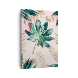 Cuadro sobre lienzo - Impresión de Imagen - Hojas tropicales sobre un fondo pastel claro. - 70x100cm - Estudio de vegetación sobre fondo rosa - Decoración de pared moderna para salón y dormitorio ARTTOR