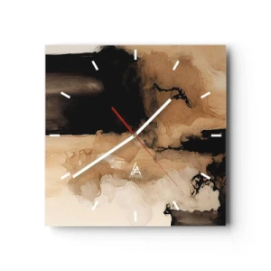 Reloj de pared - Reloj de vidrio - Composición abstracta en tonos marrones y negros. - 30x30cm - Una abstracción intrigante - Decoración de pared moderna para salón y dormitorio ARTTOR