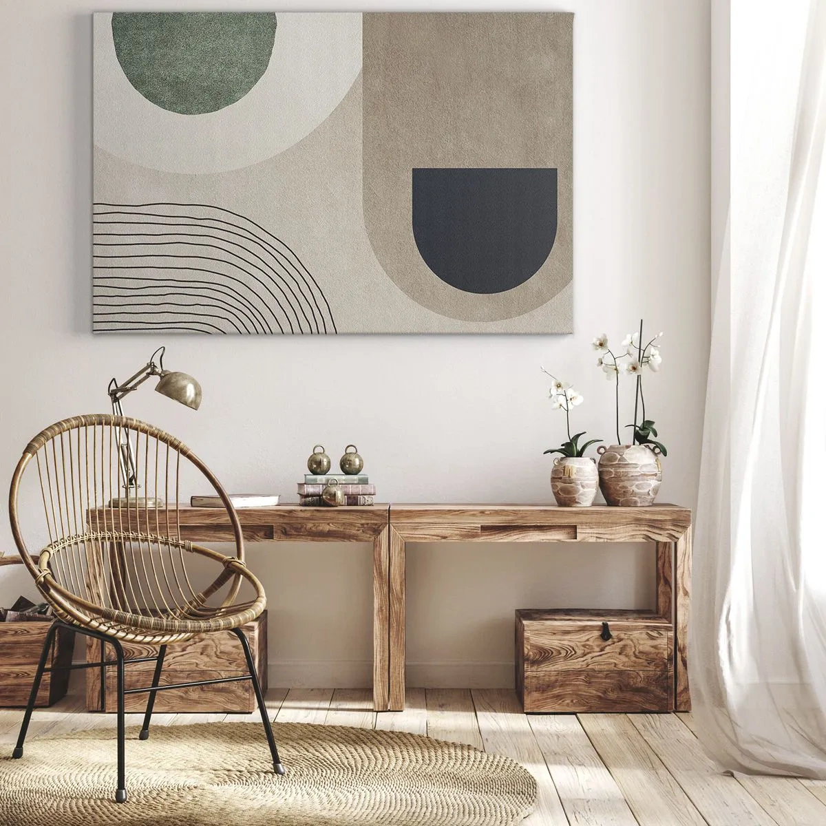 Cuadro sobre lienzo - Impresión de Imagen - Formas geométricas en tonos beige y verde. - 70x50cm - La delicadeza de un óvalo - Decoración de pared moderna para salón y dormitorio ARTTOR