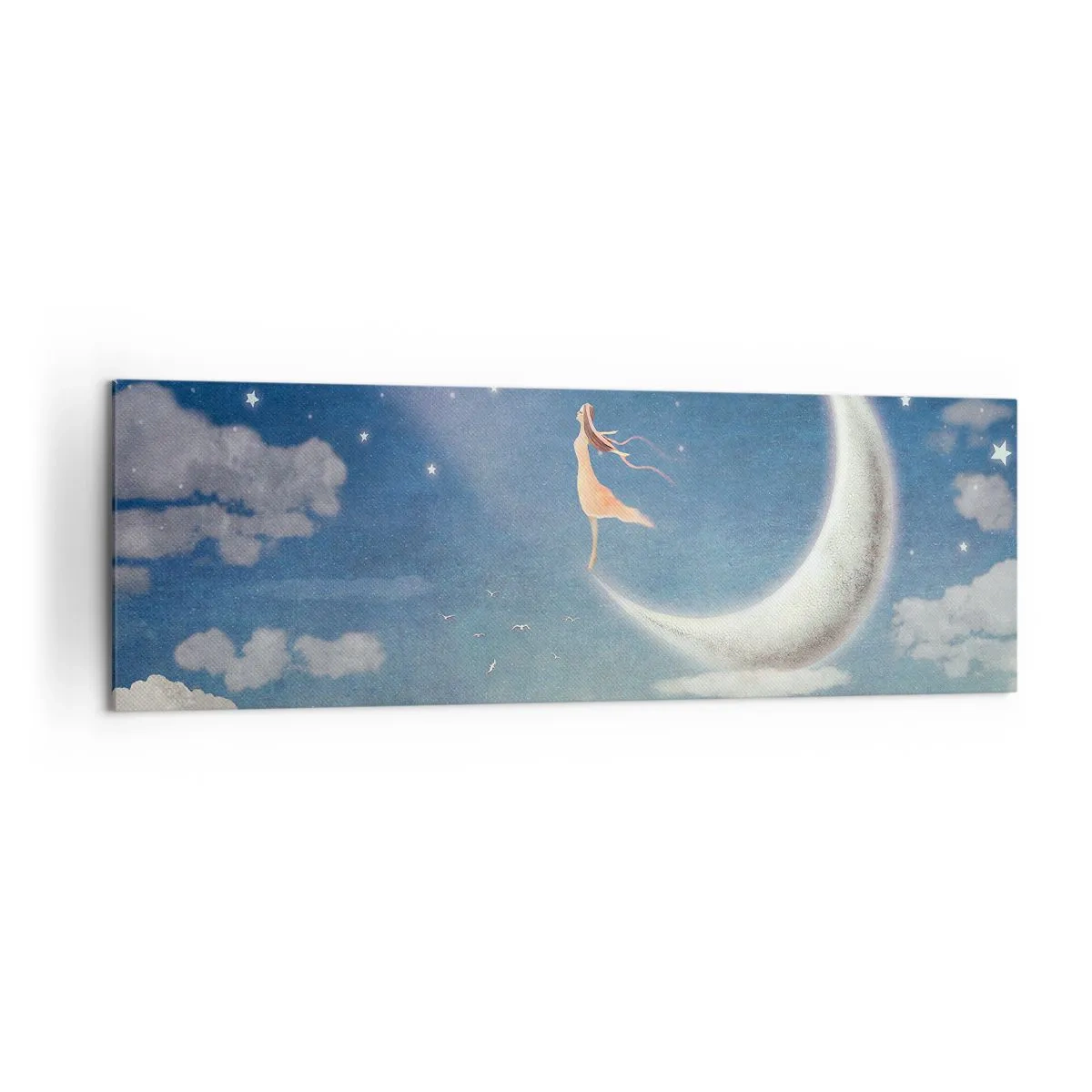 Cuadro sobre lienzo - Impresión de Imagen - Una mujer en la luna rodeada de estrellas y nubes. - 160x50cm - Pretendiente sobre azul - Decoración de pared moderna para salón y dormitorio ARTTOR