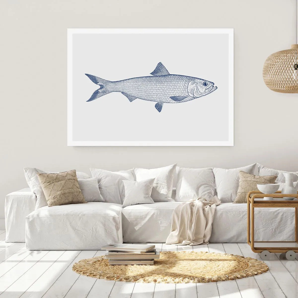 Póster - Ilustración de un pez en tonos azules sobre un fondo claro. - 100x70cm - Saludos desde los mares del norte - Decoración de pared moderna para salón y dormitorio ARTTOR