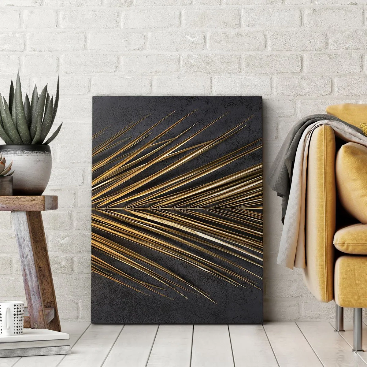 Cuadro sobre lienzo - Impresión de Imagen - Hoja tropical dorada sobre fondo negro - 50x70cm - El oro de los trópicos - Decoración de pared moderna para salón y dormitorio ARTTOR