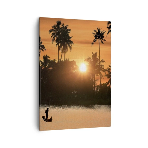 Cuadro sobre lienzo - Impresión de Imagen - Puesta de sol sobre palmeras y un lago tranquilo con un barco. - 50x70cm - Tiempo de descanso - Decoración de pared moderna para salón y dormitorio ARTTOR