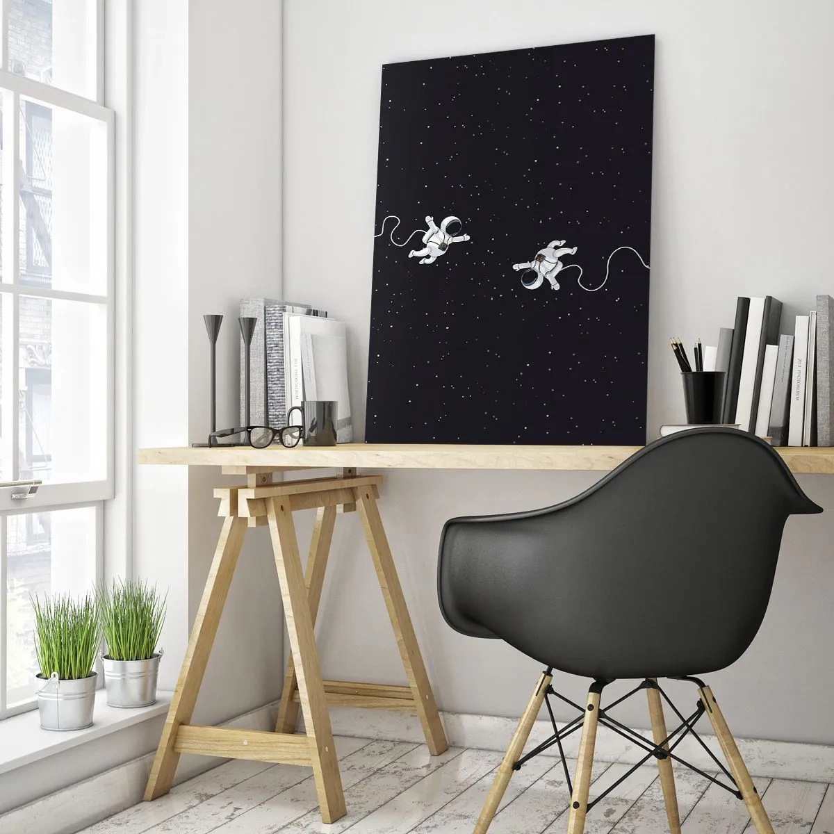 Cuadro sobre vidrio - Impresiones sobre Vidrio - Astronautas flotando en el espacio con un telón de fondo de estrellas. - 70x100cm - Danza cósmica - Decoración de pared moderna para salón y dormitorio ARTTOR