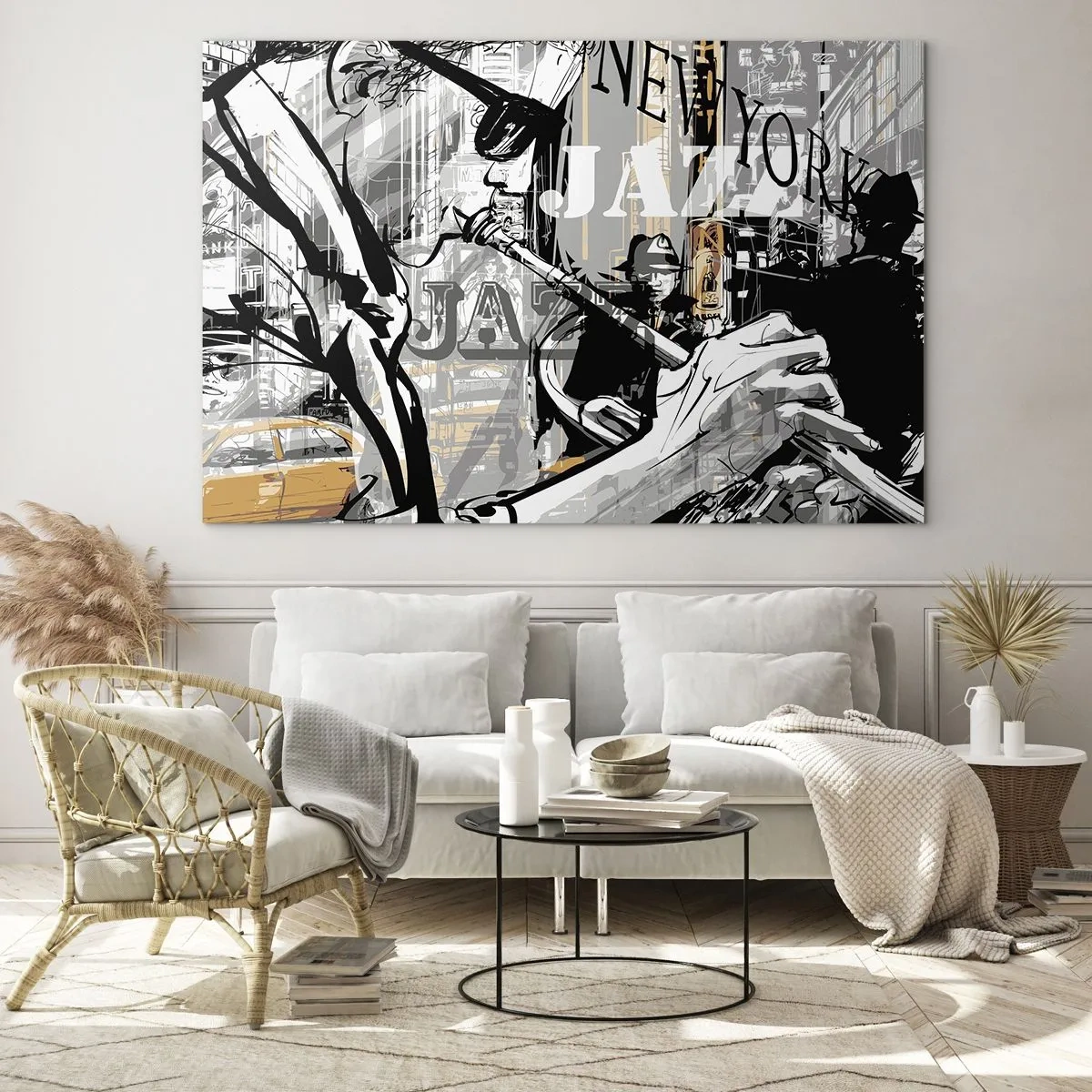 Cuadro sobre vidrio - Impresiones sobre Vidrio - Un elegante dibujo de un músico de jazz tocando la trompeta en un entorno de Nueva York. - 120x80cm - Al ritmo de Nueva York - Decoración de pared moderna para salón y dormitorio ARTTOR