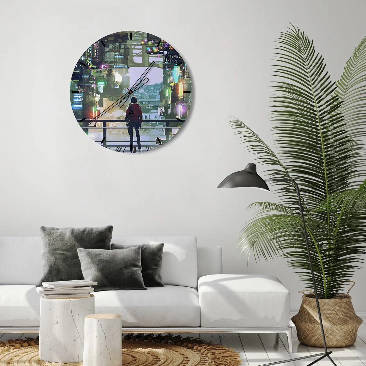 Reloj de pared - Reloj de vidrio - Una figura en una ciudad futurista con luces de neón y un horizonte al fondo. - 30x30cm - Dos mundos - Decoración de pared moderna para salón, cocina y dormitorio ARTTOR