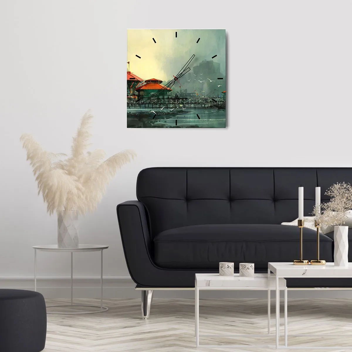 Reloj de pared - Reloj de vidrio - Edificios portuarios en un paisaje lluvioso con gaviotas - 30x30cm - Un día soleado en el puerto - Decoración de pared moderna para salón y dormitorio ARTTOR