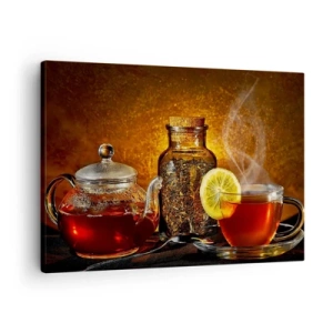 Cuadro sobre lienzo - Impresión de Imagen - Té en jarra de cristal con limón y té suelto. - 70x50cm - Al estilo de los maestros holandeses - Decoración de pared moderna para salón y dormitorio ARTTOR