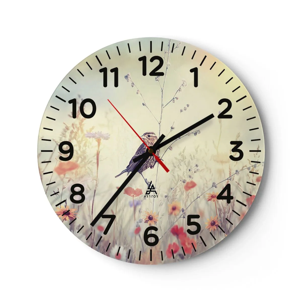 Reloj de pared - Reloj de vidrio - Retrato de pájaro con prado de fondo - 30x30 cm